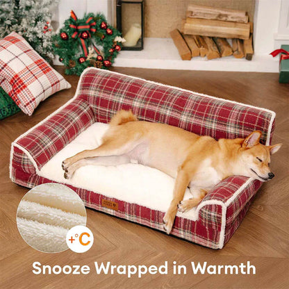 Washable Vintage Plaid Plush Bolster Dog Sofa Bed for Pets