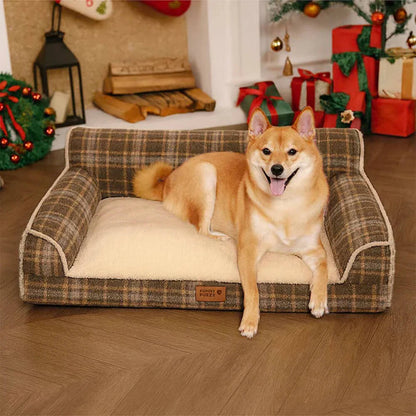 Washable Vintage Plaid Plush Bolster Dog Sofa Bed for Pets
