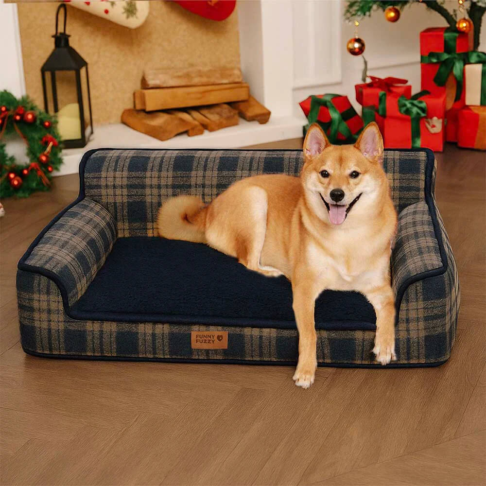 Washable Vintage Plaid Plush Bolster Dog Sofa Bed for Pets