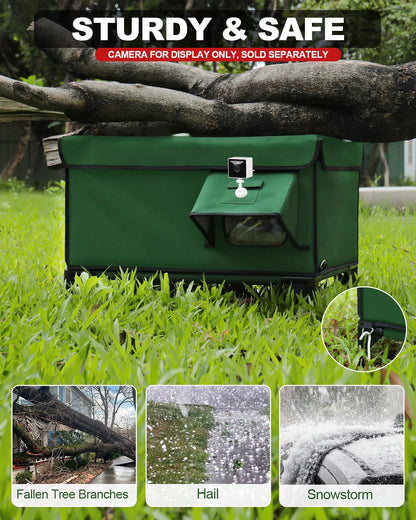 Niche chauffée et isolée pour chat, avec coussin chauffant, idéale comme abri d'hiver extérieur.