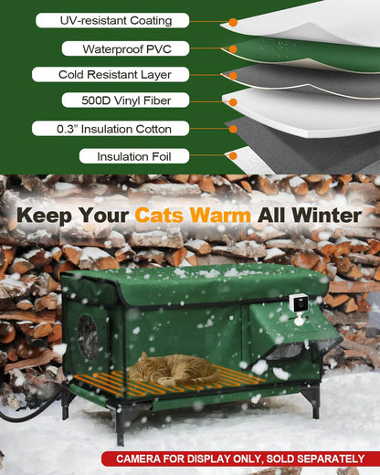 Niche chauffée et isolée pour chat, avec coussin chauffant, idéale comme abri d'hiver extérieur.