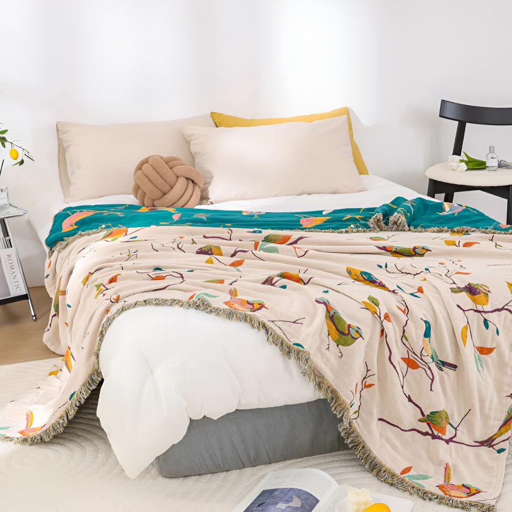 Cozy Bird Print Cotton Tassel Blanket for Home Decor & Gifts
