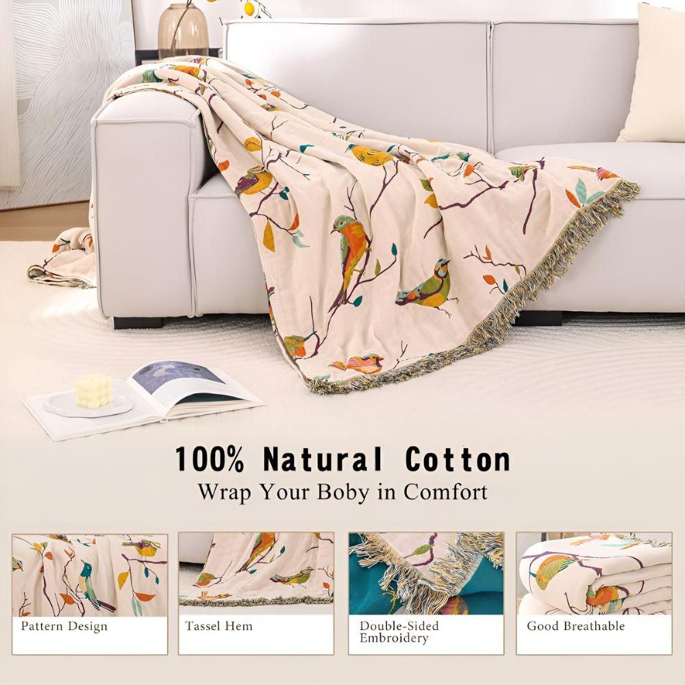 Cozy Bird Print Cotton Tassel Blanket for Home Decor & Gifts