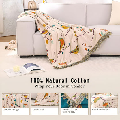 Cozy Bird Print Cotton Tassel Blanket for Home Decor & Gifts