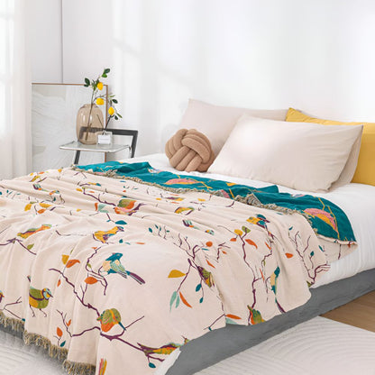 Cozy Bird Print Cotton Tassel Blanket for Home Decor & Gifts