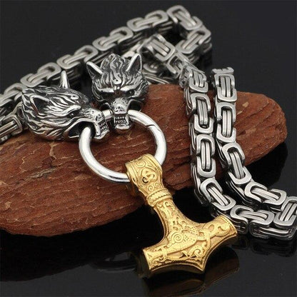 Collier pendentif loup en acier inoxydable avec chaîne Mjolnir pour homme