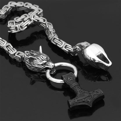 Collier pendentif loup en acier inoxydable avec chaîne Mjolnir pour homme