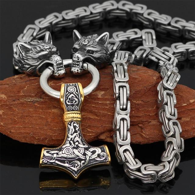 Collier pendentif loup en acier inoxydable avec chaîne Mjolnir pour homme