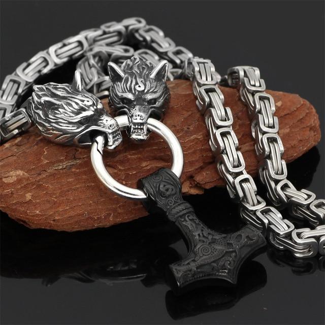 Collier pendentif loup en acier inoxydable avec chaîne Mjolnir pour homme