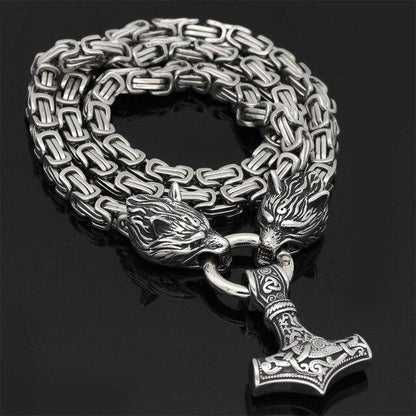Collier pendentif loup en acier inoxydable avec chaîne Mjolnir pour homme