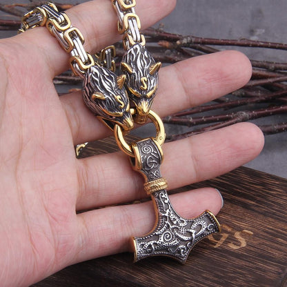 Collier pendentif loup en acier inoxydable avec chaîne Mjolnir pour homme