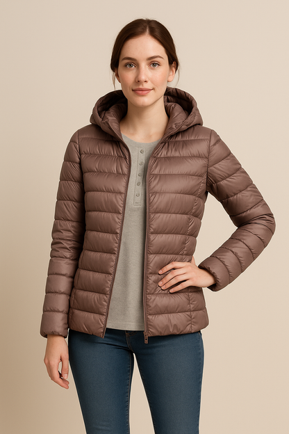 Dames Tailored Gewatteerde Donsjas met Capuchon – Hip-Lengte Lichtgewicht Ontario