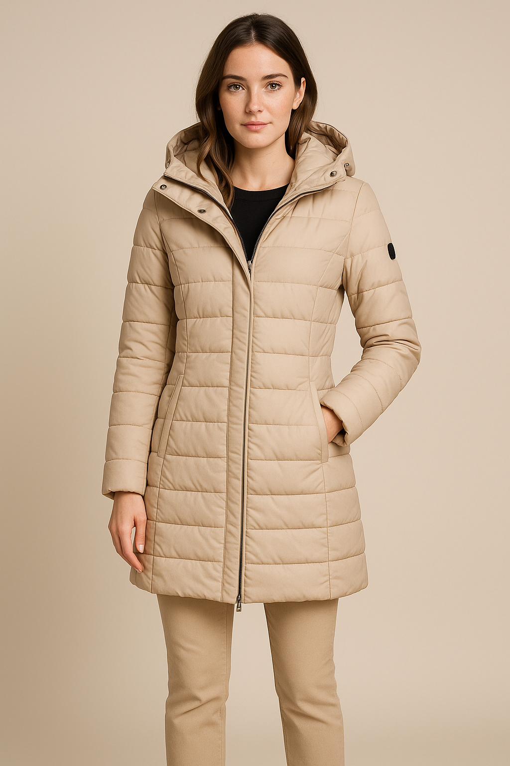 Damen Lange Gestepfte Pufferjacke mit Abnehmbarem Kapuze – Slim Fit Wintermantel