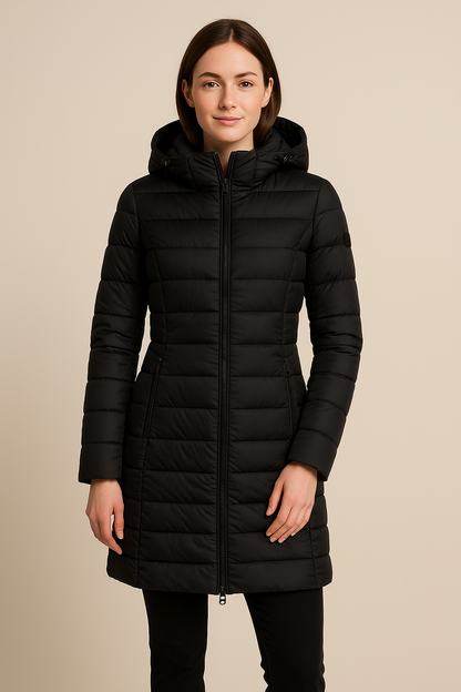 Damen Lange Gestepfte Pufferjacke mit Abnehmbarem Kapuze – Slim Fit Wintermantel