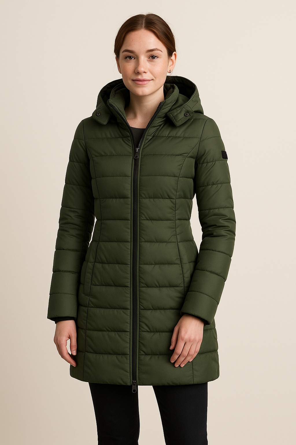 Damen Lange Gestepfte Pufferjacke mit Abnehmbarem Kapuze – Slim Fit Wintermantel