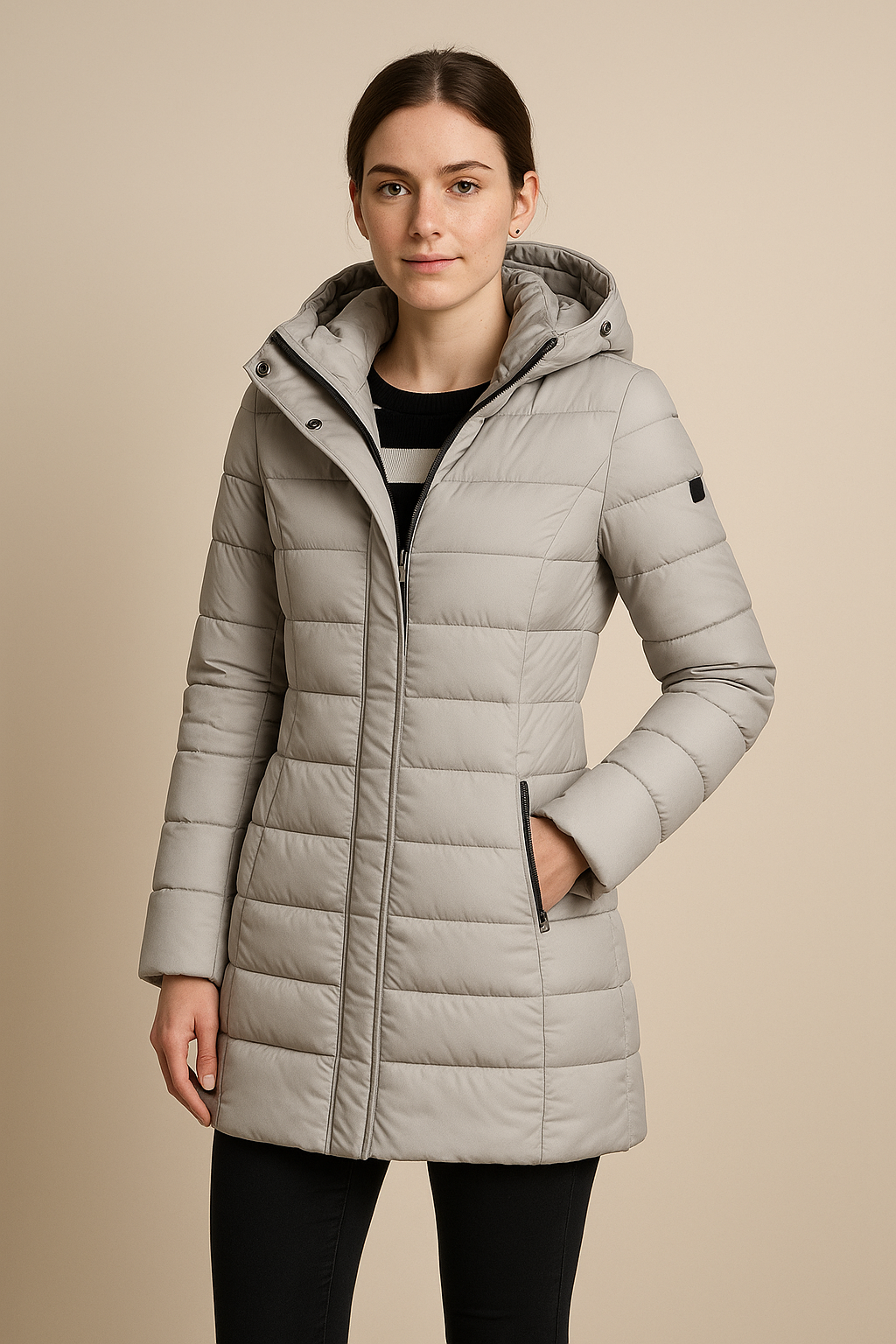 Dames Lange Gevoerde Pufferjas met Afneembare Kap – Slim Fit Winterjas