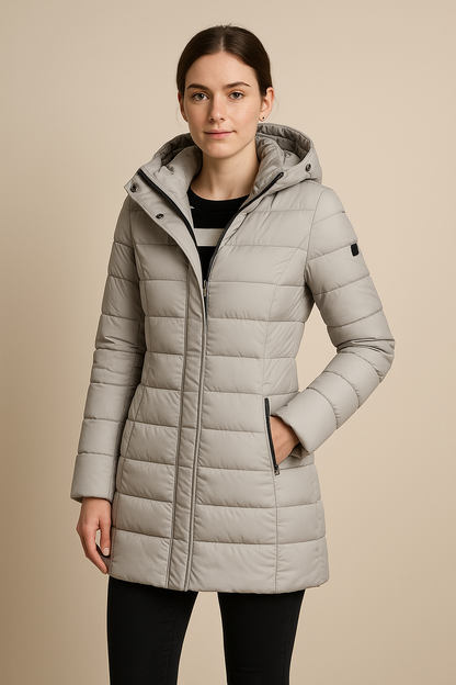 Damen Lange Gestepfte Pufferjacke mit Abnehmbarem Kapuze – Slim Fit Wintermantel