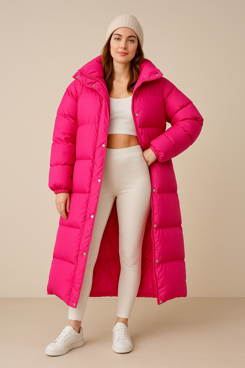 Dames Oversize Stepp-Pufferjacke mit hohem Kragen et durchgehendem Reißverschluss