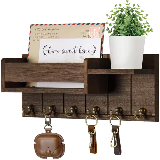 Wooden Key and Mail Organizer with 6 Hooks | Rustic Wall Storage