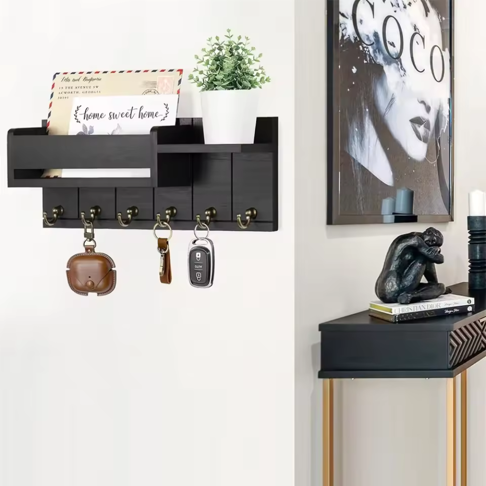 Schlüssel- und Briefablage aus Holz mit 6 Haken | Rustikale Wandaufbewahrung