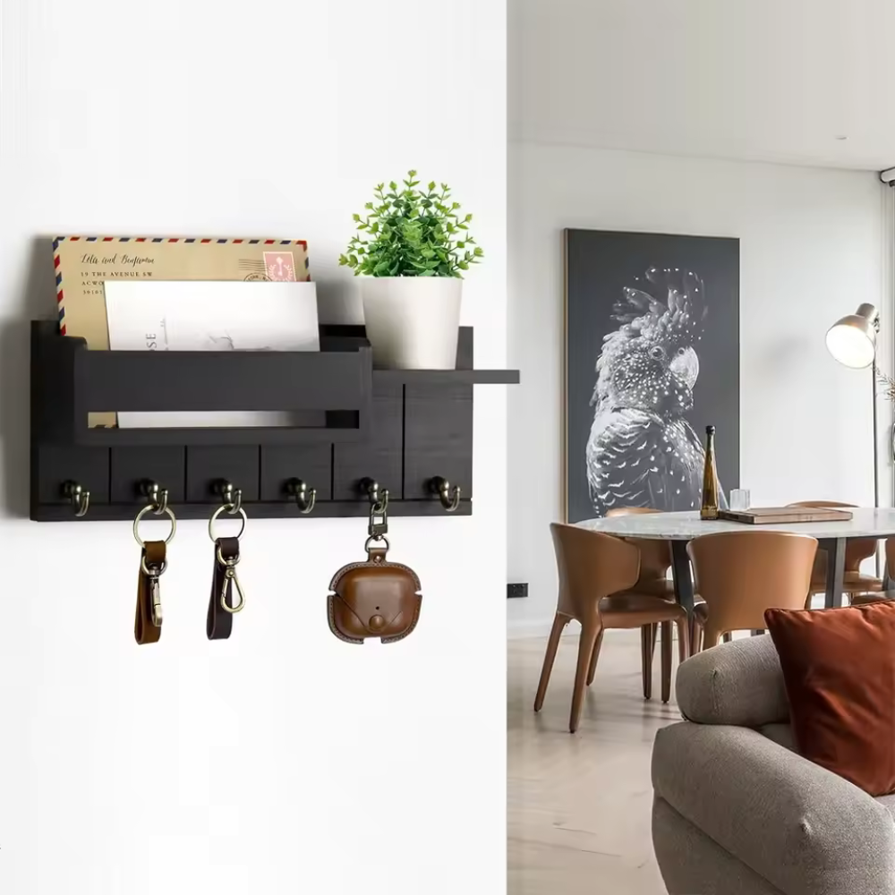 Schlüssel- und Briefablage aus Holz mit 6 Haken | Rustikale Wandaufbewahrung