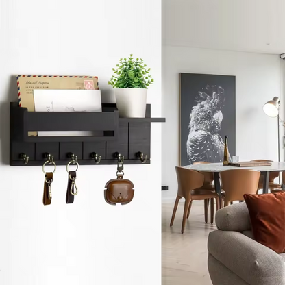 Schlüssel- und Briefablage aus Holz mit 6 Haken | Rustikale Wandaufbewahrung