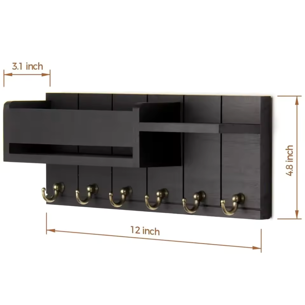 Schlüssel- und Briefablage aus Holz mit 6 Haken | Rustikale Wandaufbewahrung