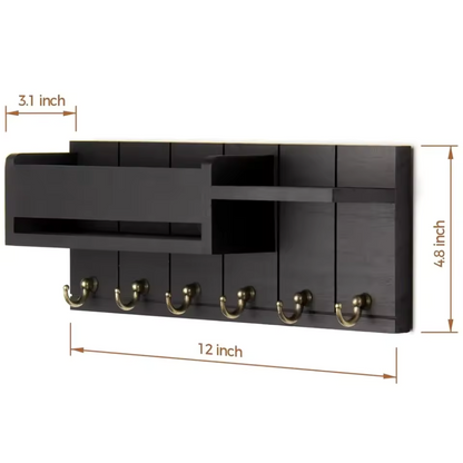Schlüssel- und Briefablage aus Holz mit 6 Haken | Rustikale Wandaufbewahrung