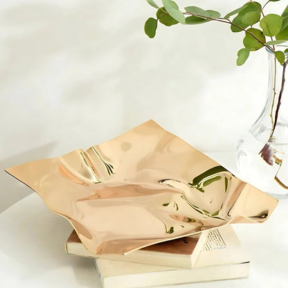 Plateau de service moderne en acier inoxydable froissé, couleur obsidienne, pour la décoration intérieure