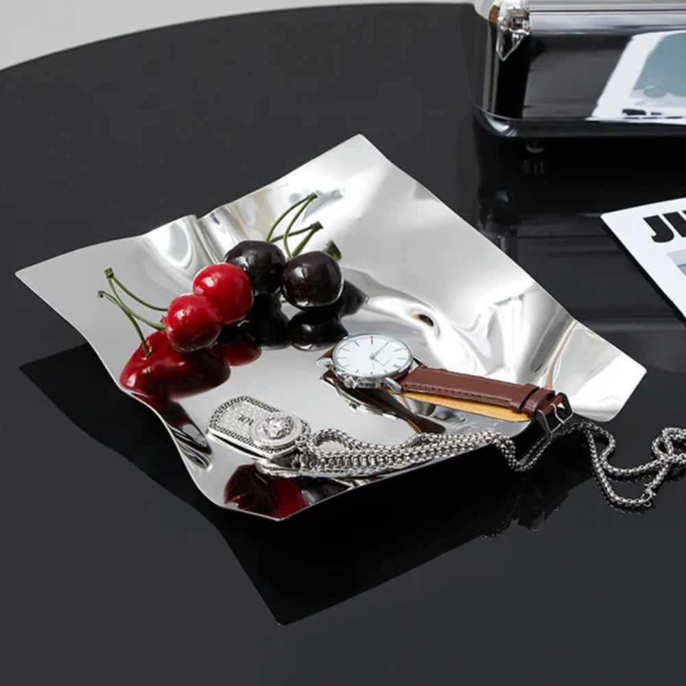 Plateau de service moderne en acier inoxydable froissé, couleur obsidienne, pour la décoration intérieure