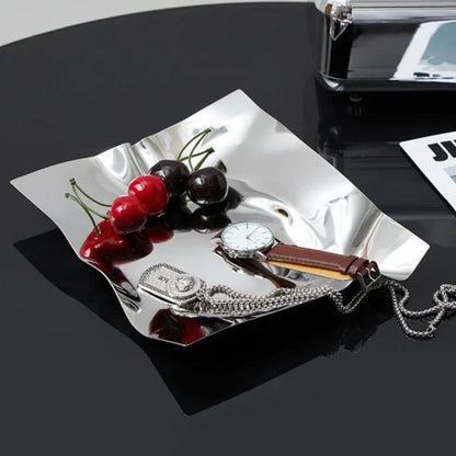 Plateau de service moderne en acier inoxydable froissé, couleur obsidienne, pour la décoration intérieure