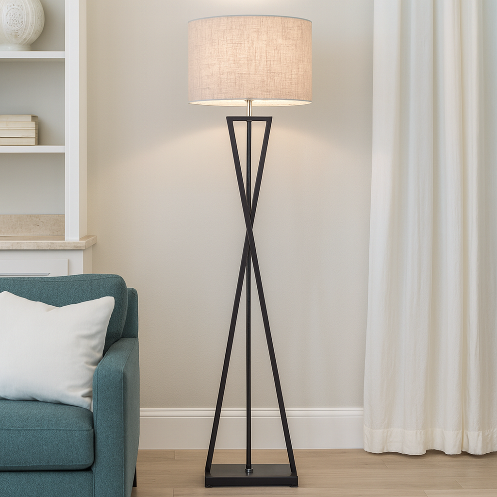Stylish Black Metal Floor Lamp with Linen Shade for Living Room