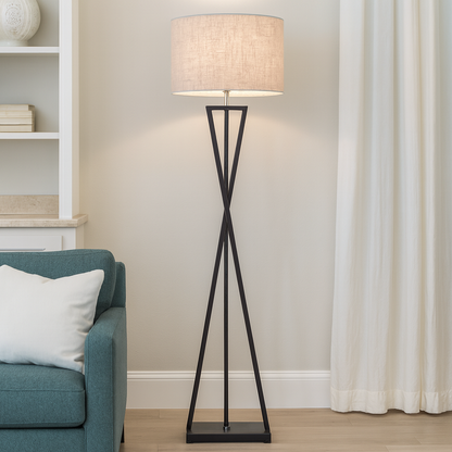 Stylish Black Metal Floor Lamp with Linen Shade for Living Room