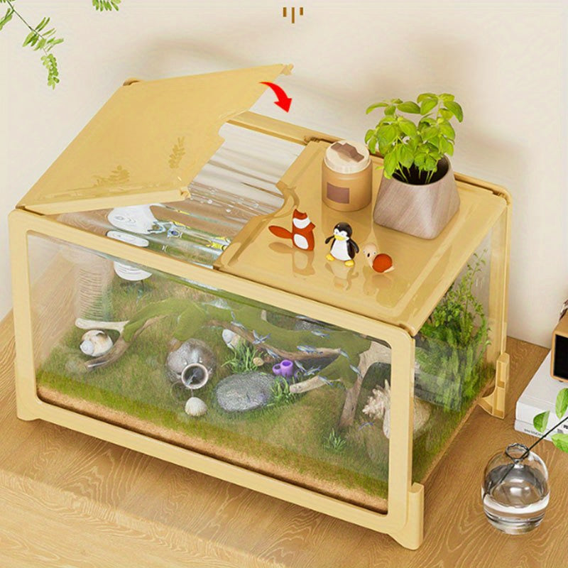 Clear Rectangular Fish Tank with Fake Plants - Acrylic Aquarium for Goldfish & Small Pets, Perfect for Home or Office Decor