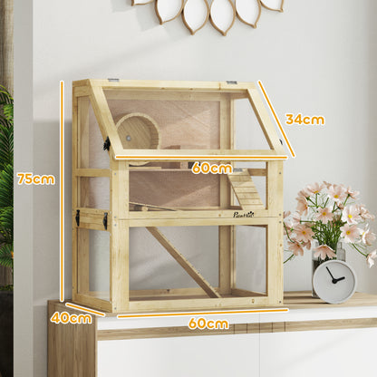 Wooden Hamster Cage with Deep Base, Hut, Exercise Wheel & Ramps - 60x40x75cm, Natural Finish for Small Pets