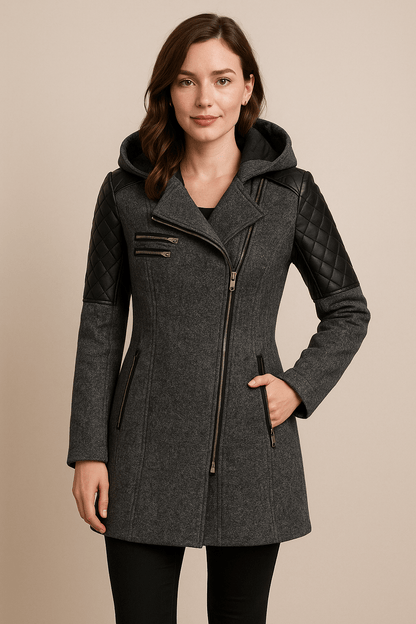 Dames Tailored Jacket avec Gequiltte Mouwen et Asymmetrisch Rits Kapontwerp