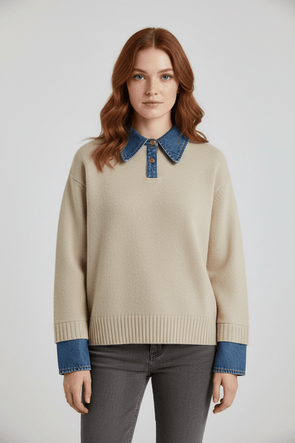 Pull en tricot coupe décontractée pour femme avec denim et boutons 