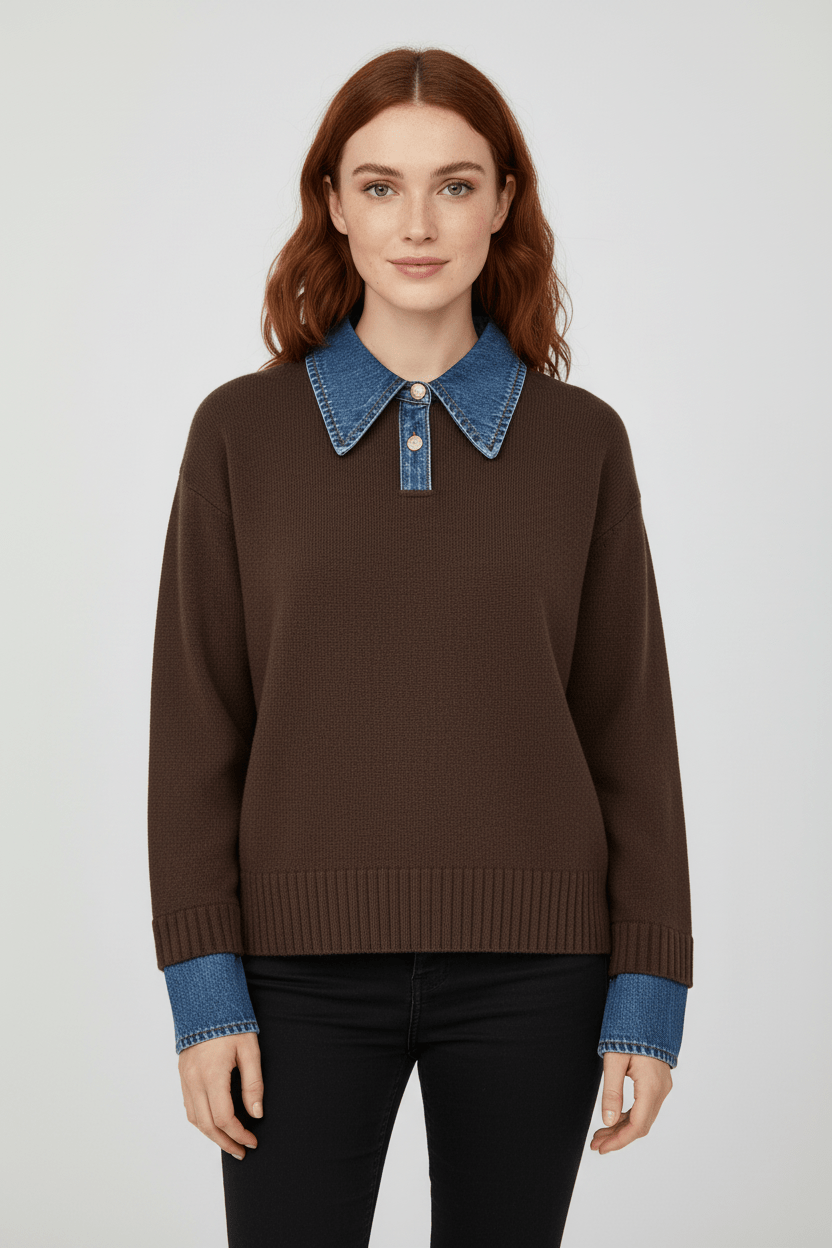 Pull en tricot coupe décontractée pour femme avec denim et boutons 