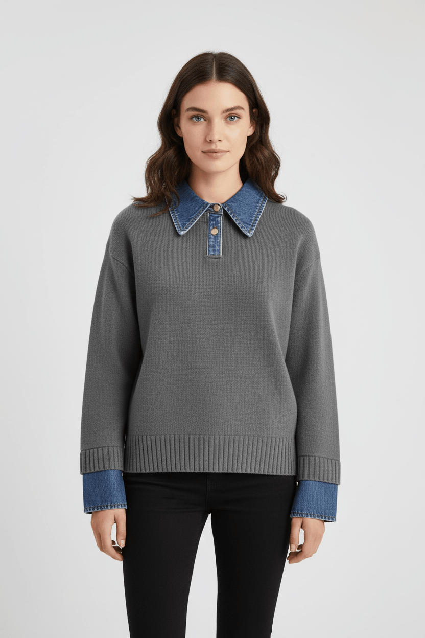 Pull en tricot coupe décontractée pour femme avec denim et boutons 