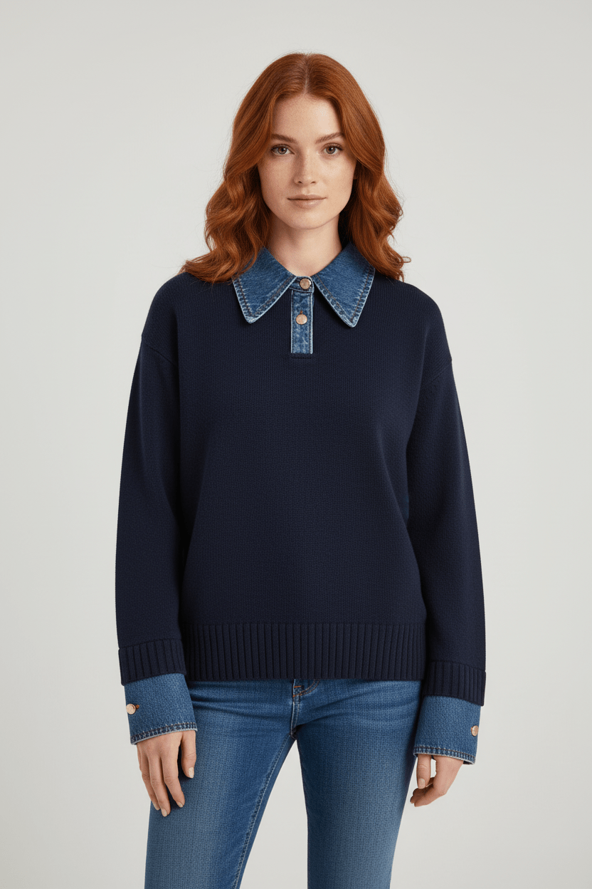 Pull en tricot coupe décontractée pour femme avec denim et boutons 