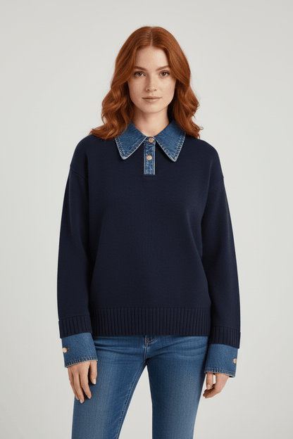Pull en tricot coupe décontractée pour femme avec denim et boutons 