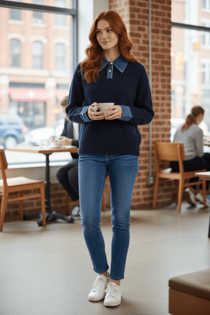 Pull en tricot coupe décontractée pour femme avec denim et boutons 