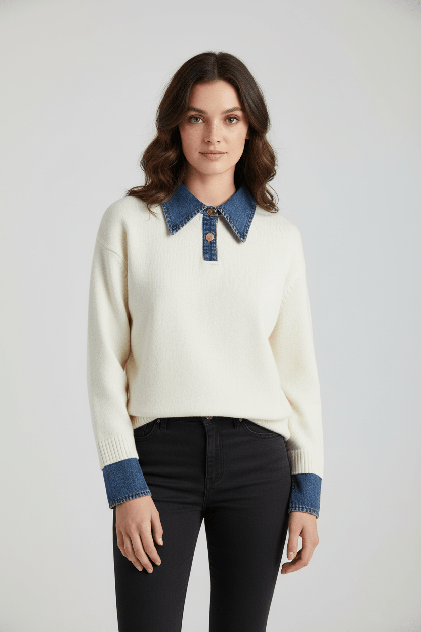 Pull en tricot coupe décontractée pour femme avec denim et boutons 