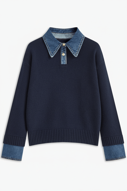 Pull en tricot coupe décontractée pour femme avec denim et boutons 