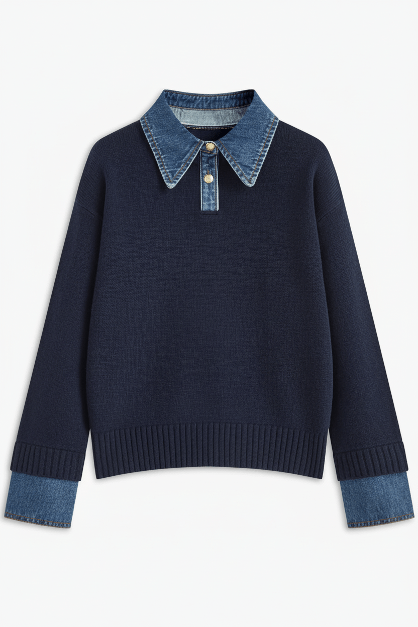 Dames Relaxed Fit Gebreide Trui met Denim Kraag et Manchetten 