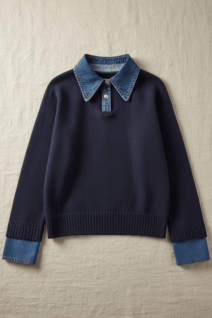 Pull en tricot coupe décontractée pour femme avec denim et boutons 