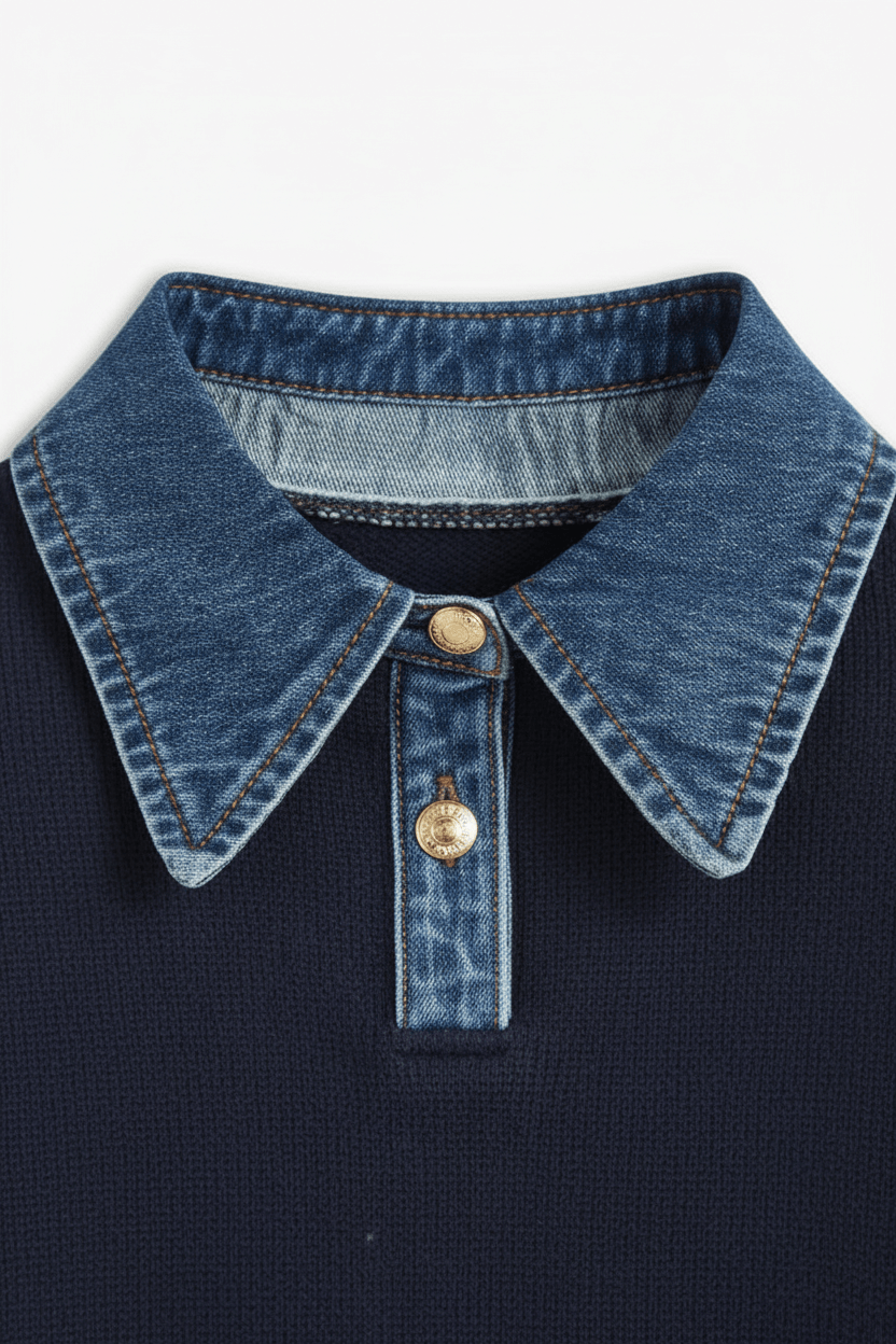 Dames Relaxed Fit Gebreide Trui met Denim Kraag et Manchetten 