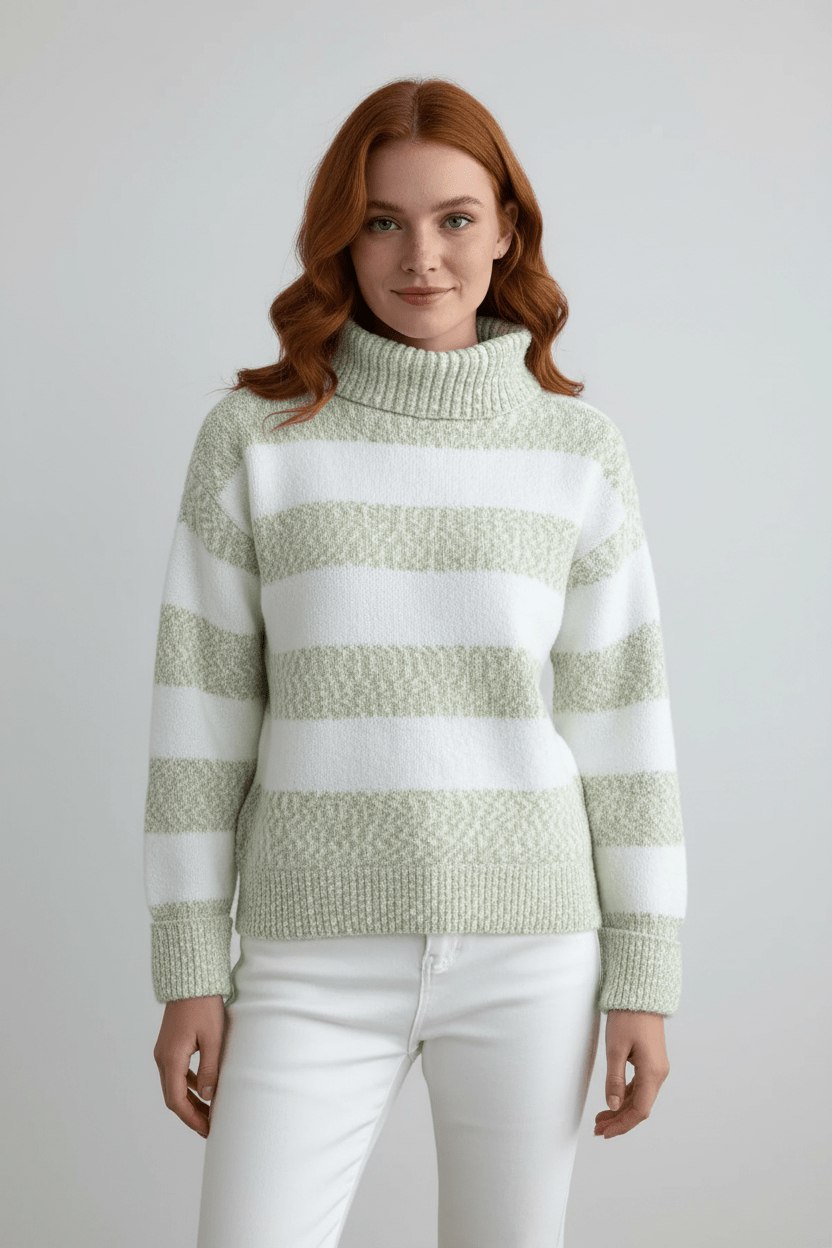 Damen Plüsch Strickpullover mit geripptem Rollkragen et gestreifter Textur