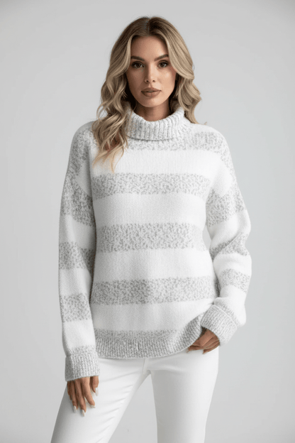Damen Plüsch Strickpullover mit geripptem Rollkragen et gestreifter Textur
