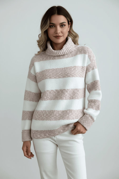 Damen Plüsch Strickpullover mit geripptem Rollkragen et gestreifter Textur